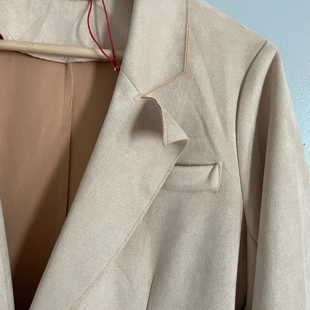 Solitaire Faux Suede Blazer Medium Beige Single Button Professional Chic Neutral - Picture 3 of 11